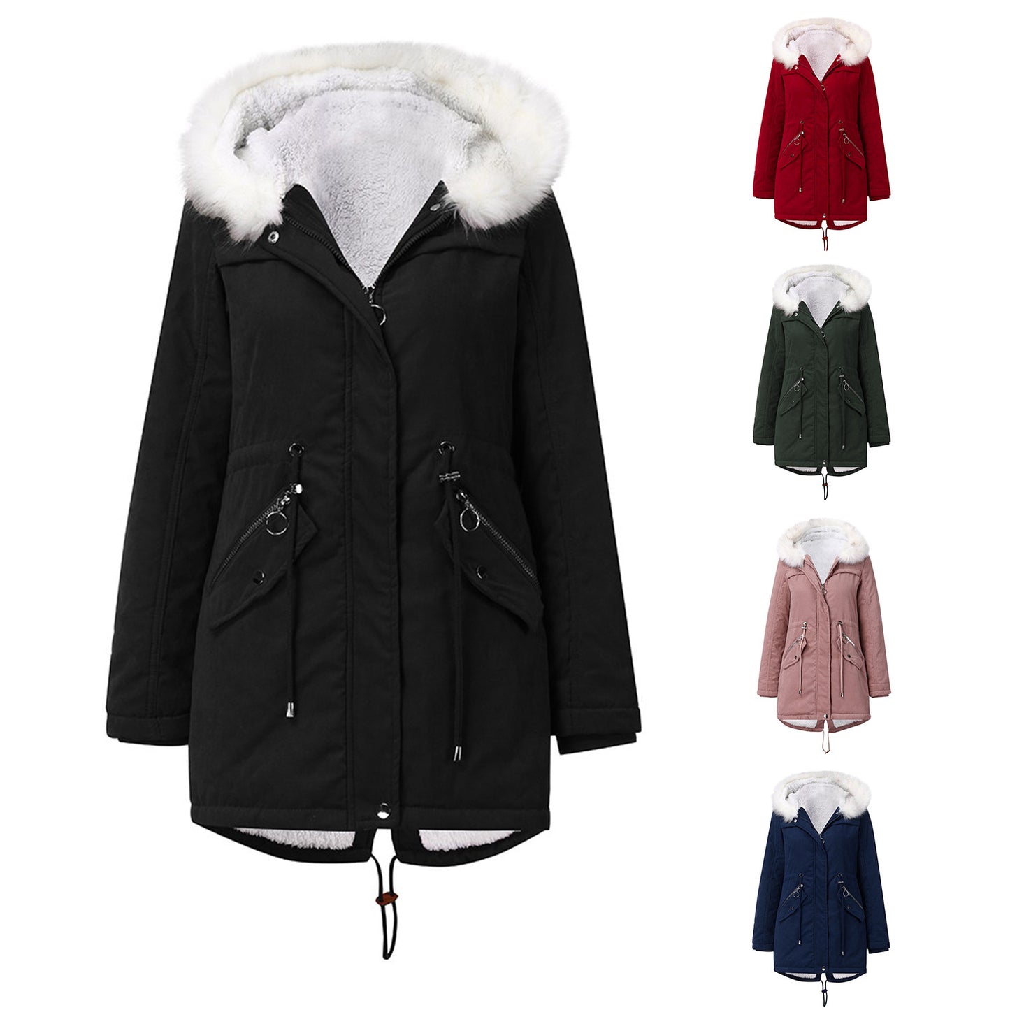 Women Cotton Padded Coat White Fur Collar Parka Mid Length Hooded Winter Warm Velvet Coat Woman Cotton Dress - ALTARIA