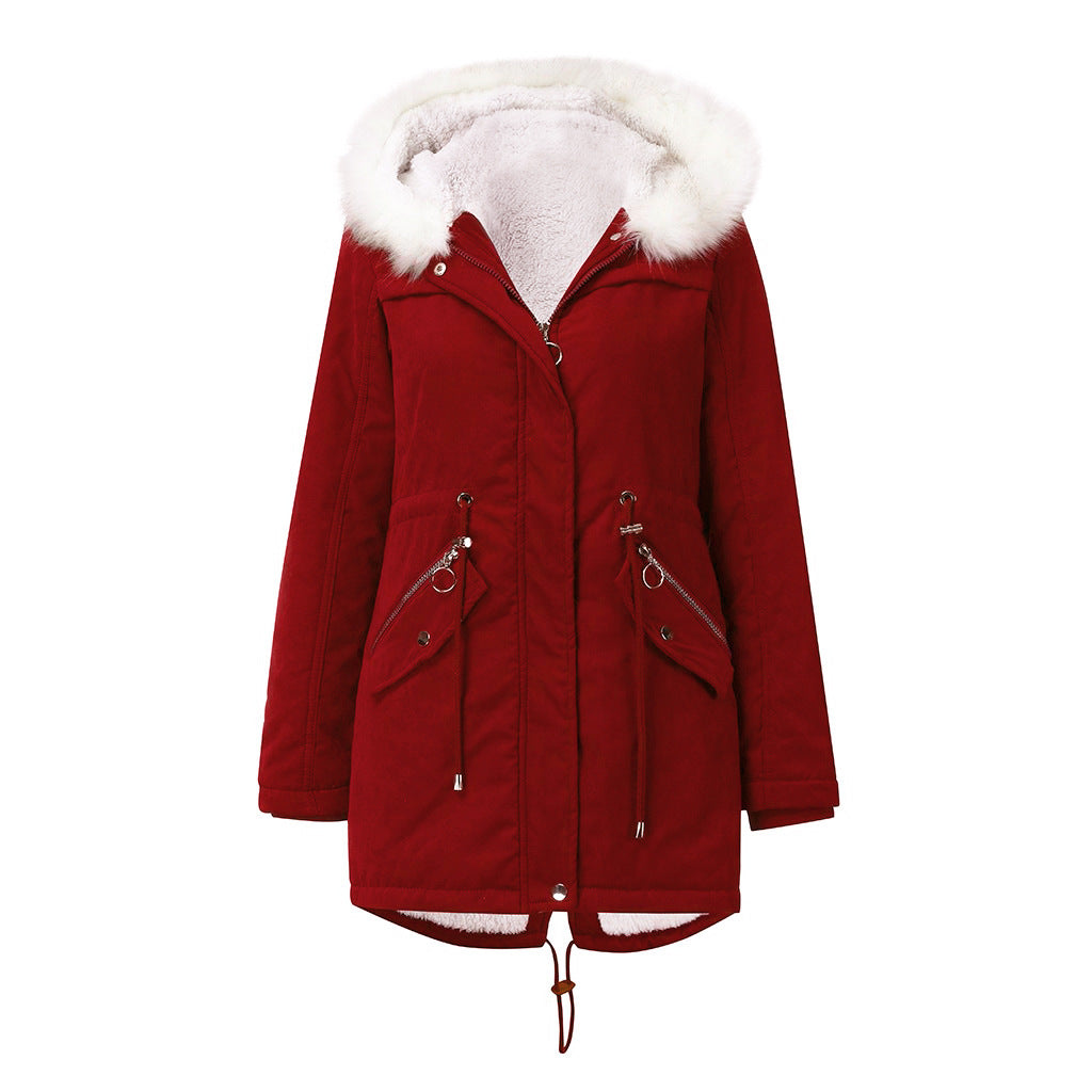 Women Cotton Padded Coat White Fur Collar Parka Mid Length Hooded Winter Warm Velvet Coat Woman Cotton Dress - ALTARIA