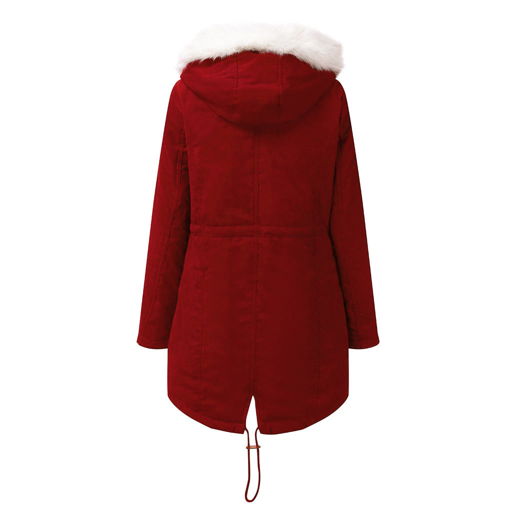 Women Cotton Padded Coat White Fur Collar Parka Mid Length Hooded Winter Warm Velvet Coat Woman Cotton Dress - ALTARIA