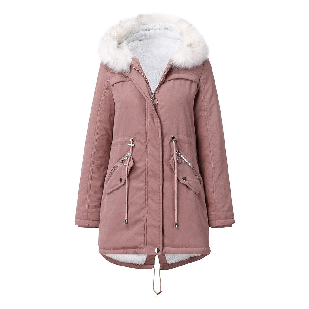 Women Cotton Padded Coat White Fur Collar Parka Mid Length Hooded Winter Warm Velvet Coat Woman Cotton Dress - ALTARIA