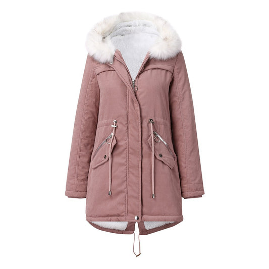 Women Cotton Padded Coat White Fur Collar Parka Mid Length Hooded Winter Warm Velvet Coat Woman Cotton Dress - ALTARIA