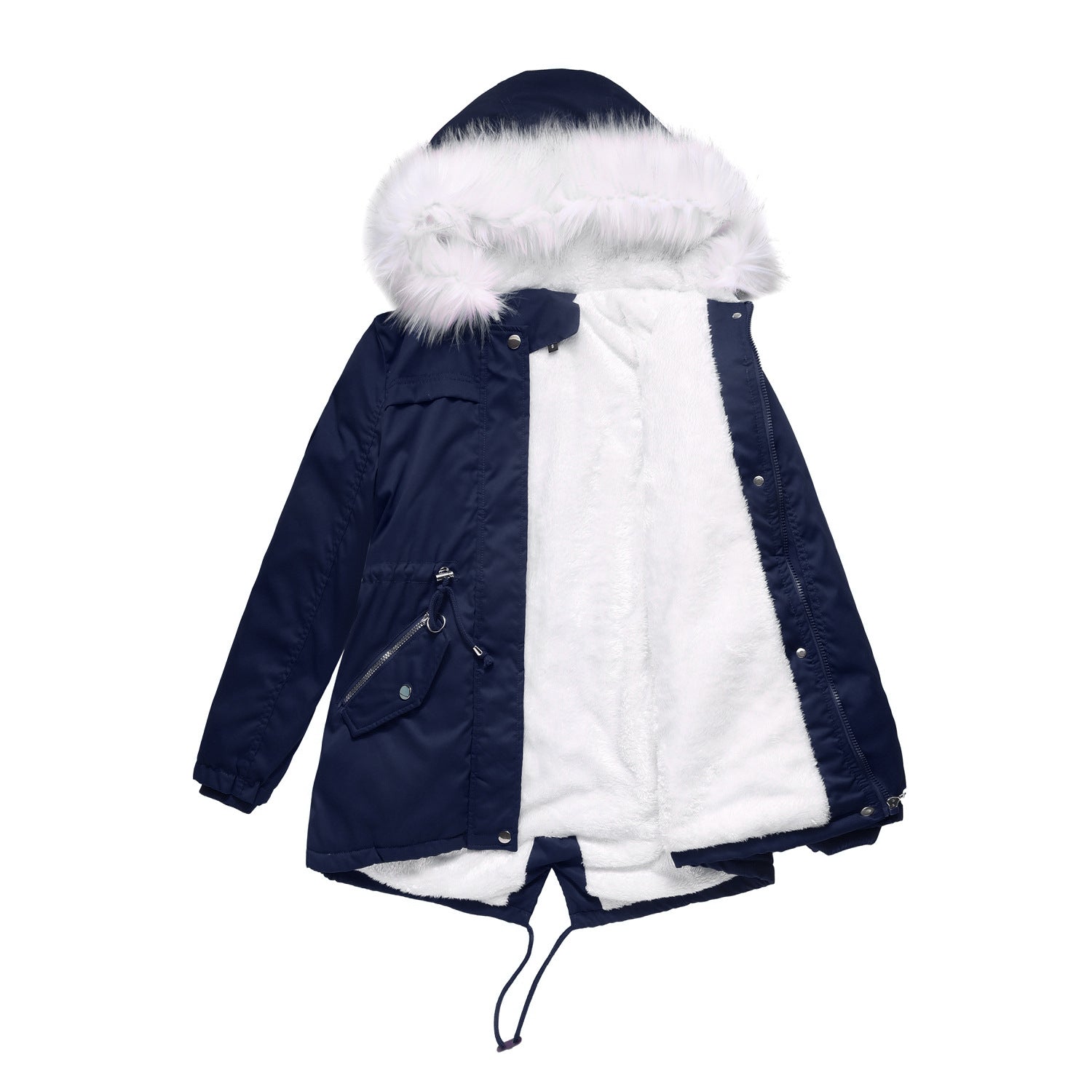 Women Cotton Padded Coat White Fur Collar Parka Mid Length Hooded Winter Warm Velvet Coat Woman Cotton Dress - ALTARIA