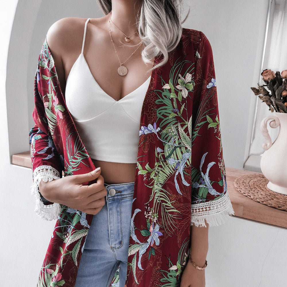 Tassel Bell Sleeve Floral Casual Rayon Sun Protection Shirt Beach Cover Up Women Clothing - ALTARIA