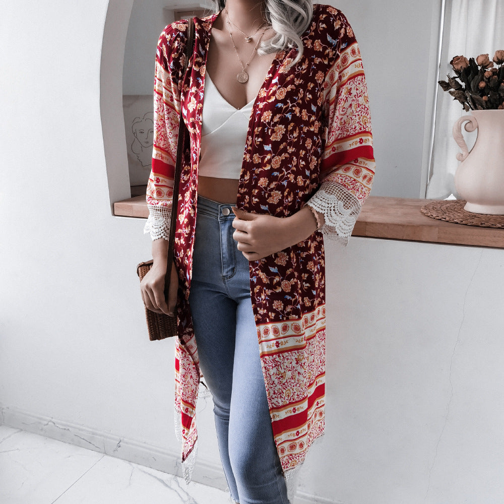 Tassel Bell Sleeve Floral Casual Rayon Sun Protection Shirt Beach Cover Up Women Clothing - ALTARIA