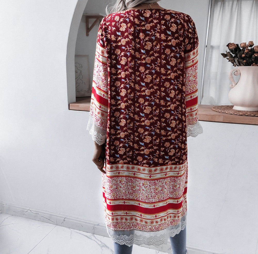 Tassel Bell Sleeve Floral Casual Rayon Sun Protection Shirt Beach Cover Up Women Clothing - ALTARIA
