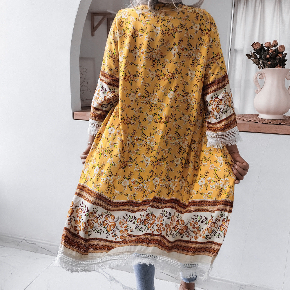 Tassel Bell Sleeve Floral Casual Rayon Sun Protection Shirt Beach Cover Up Women Clothing - ALTARIA