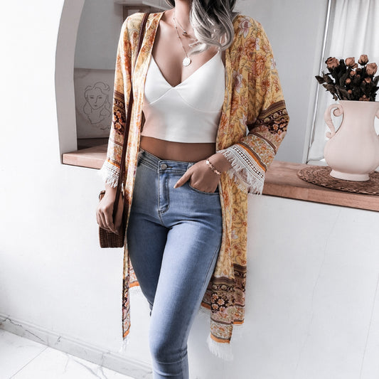 Tassel Bell Sleeve Floral Casual Rayon Sun Protection Shirt Beach Cover Up Women Clothing - ALTARIA
