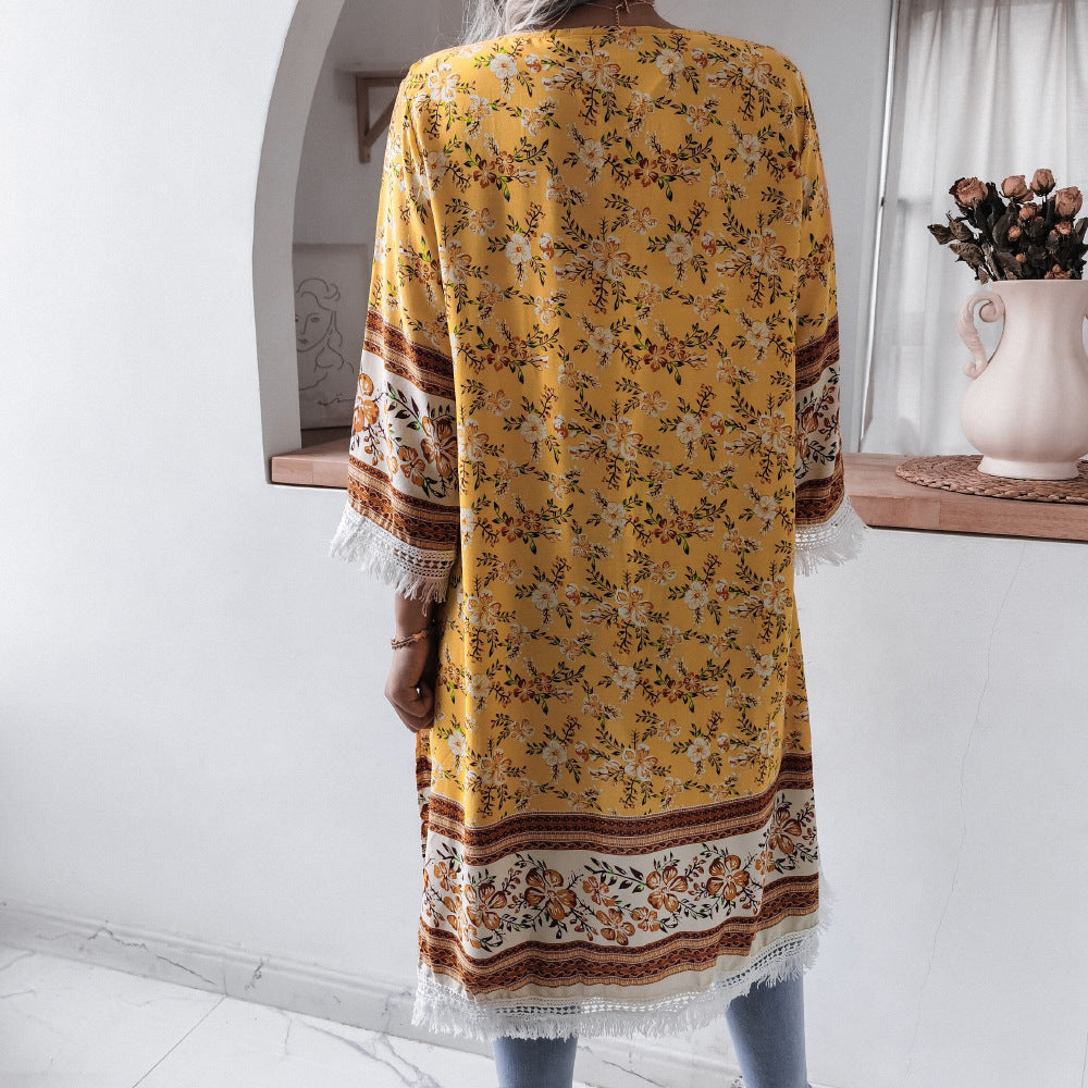 Tassel Bell Sleeve Floral Casual Rayon Sun Protection Shirt Beach Cover Up Women Clothing - ALTARIA