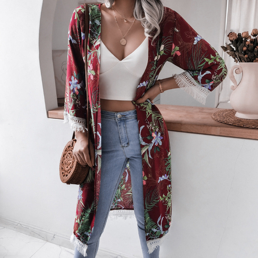 Tassel Bell Sleeve Floral Casual Rayon Sun Protection Shirt Beach Cover Up Women Clothing - ALTARIA