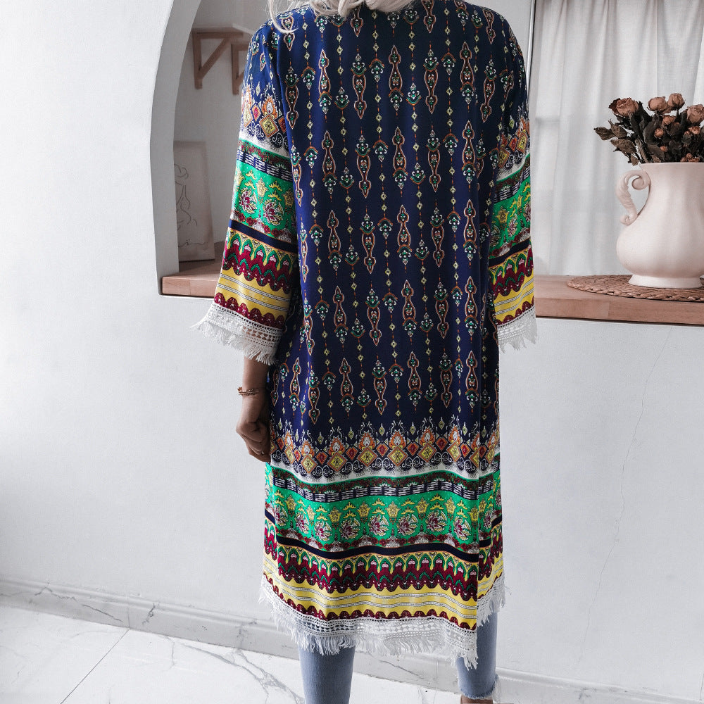 Tassel Bell Sleeve Floral Casual Rayon Sun Protection Shirt Beach Cover Up Women Clothing - ALTARIA