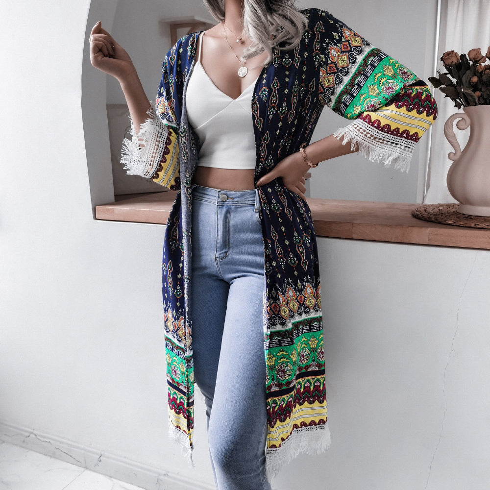 Tassel Bell Sleeve Floral Casual Rayon Sun Protection Shirt Beach Cover Up Women Clothing - ALTARIA