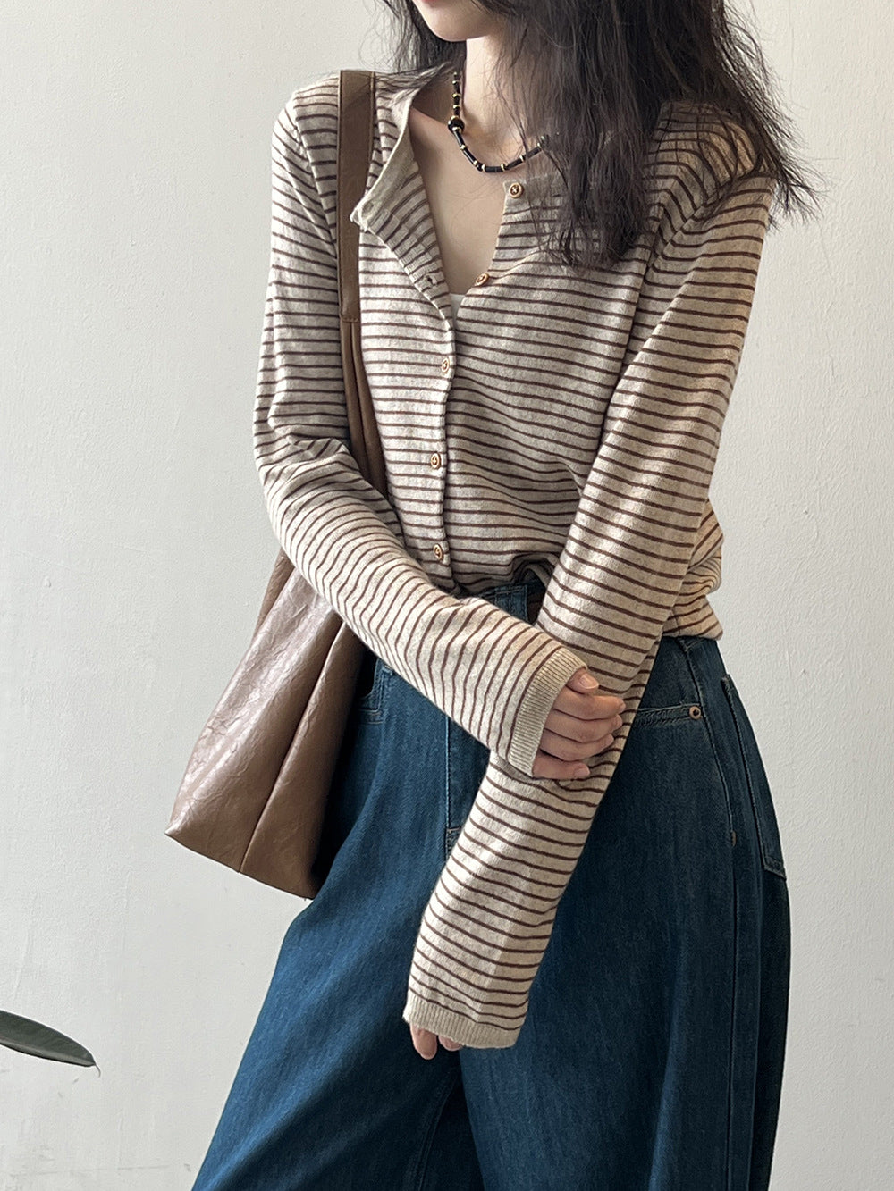 Contrast Color Striped Knitted Cardigan Women Spring round Neck Sweater Coat - ALTARIA