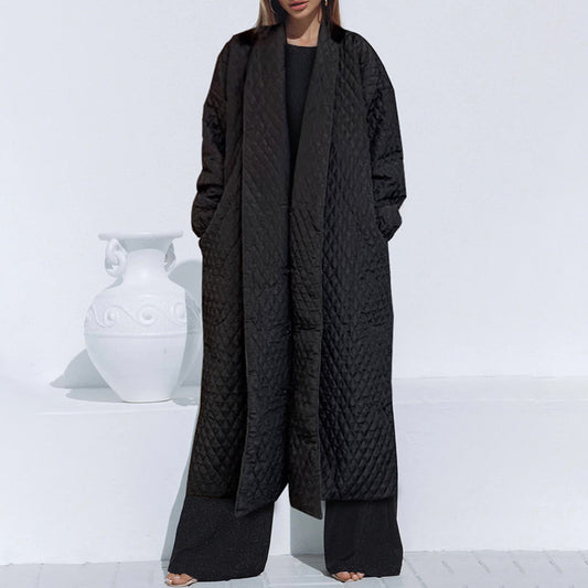 plus Size Cotton Clothes Autumn Winter Polo Collar Long Sleeve Straight Back Breasted Quilted Casual Coat for Women - ALTARIA