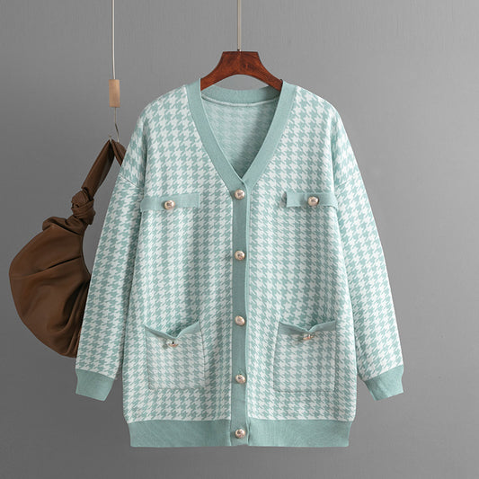Sweater Women Loose V neck Houndstooth Long Sleeve Knitted Cardigan Coat Contrast Color - ALTARIA
