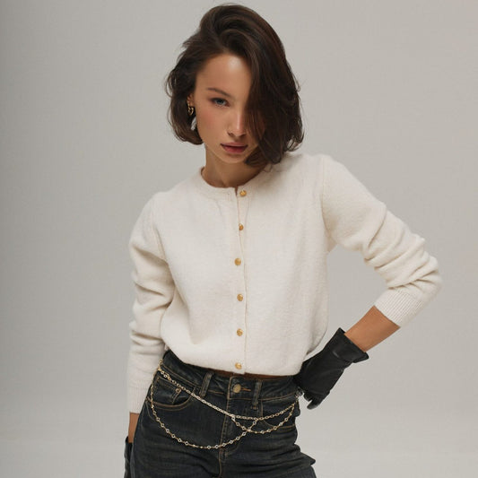 Small Golden Button All Matching Simple Knitted Cardigan Spring round Neck Cropped Sweater Coat - ALTARIA