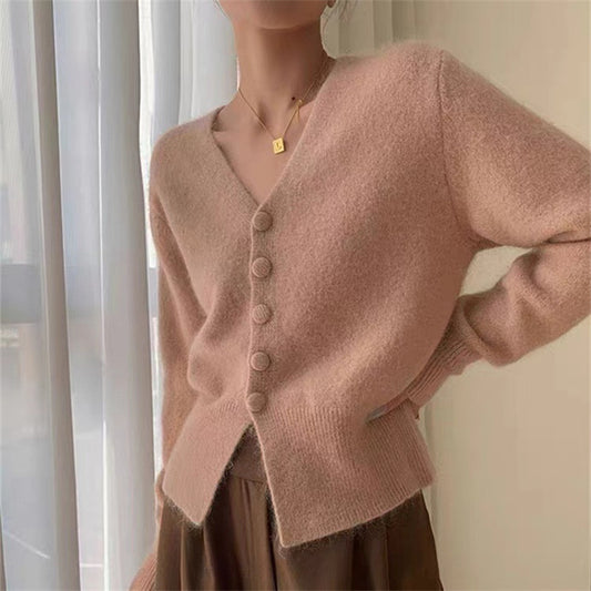 Solid Color Trendy Knitted Cardigan Women Autumn Loose V Neck Casual Fitted Waist Sweater Coat - ALTARIA