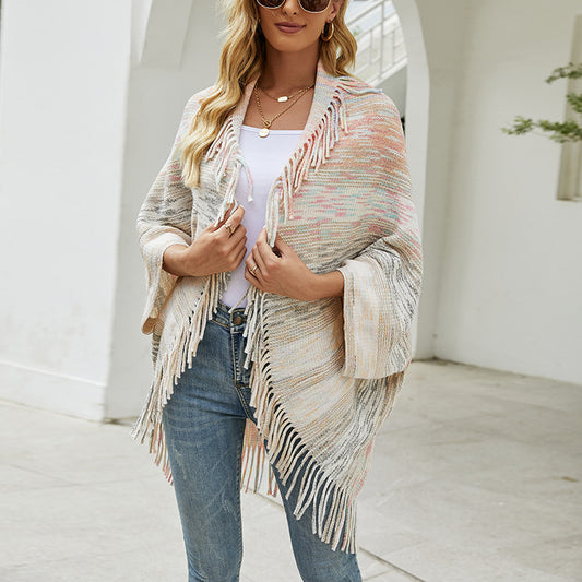 Autumn Winter New Shawl Cape Sweater Tassel Hem Color Cardigan for Women - ALTARIA