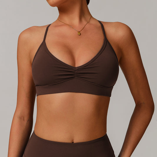 V neck Yoga Bra Cross Back Slimming Pleated Underwear Running Sports Workout Bra - ALTARIA