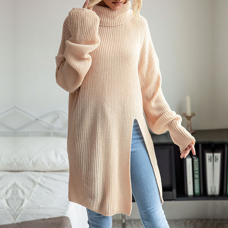 Arrival Autumn Winter Women Wear Solid Color Split Long Sleeve High Collar Sweater Dress - ALTARIA