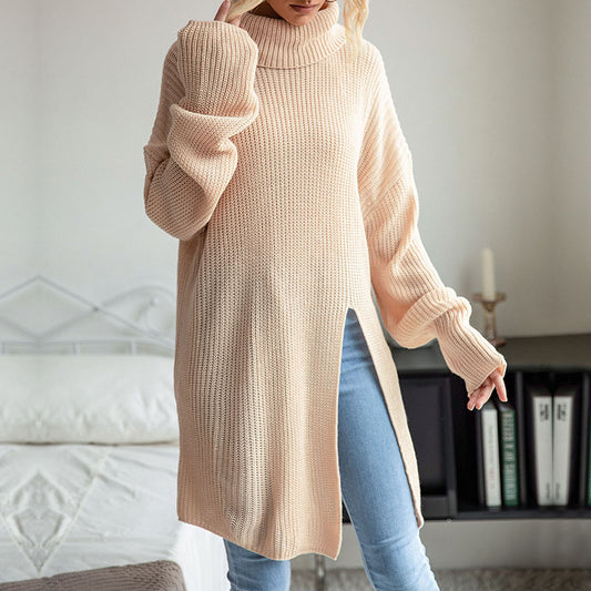 Arrival Autumn Winter Women Wear Solid Color Split Long Sleeve High Collar Sweater Dress - ALTARIA