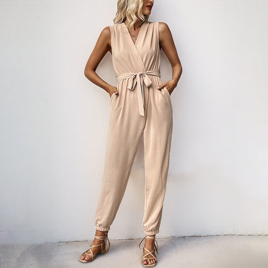Casual Comfortable Lace up Pocket Sleeveless Solid Color Ankle Tied One Piece Trousers - ALTARIA