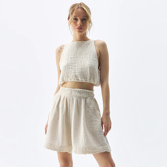 Cotton Casual Two Piece Sets Summer High Elastic Tight Waist Wide Leg Shorts Hollow Out Cutout Backless Sleeveless Vest - ALTARIA