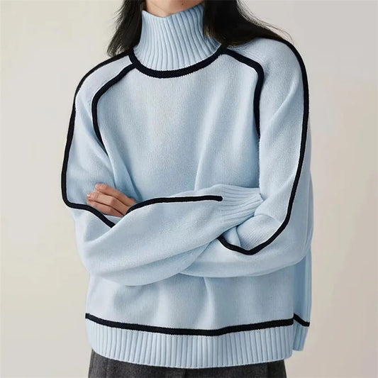 Women Sweater Half Turtleneck with Shoulder Sleeve Top Elegant Line Thread Bottoming Sweater for Women - ALTARIA