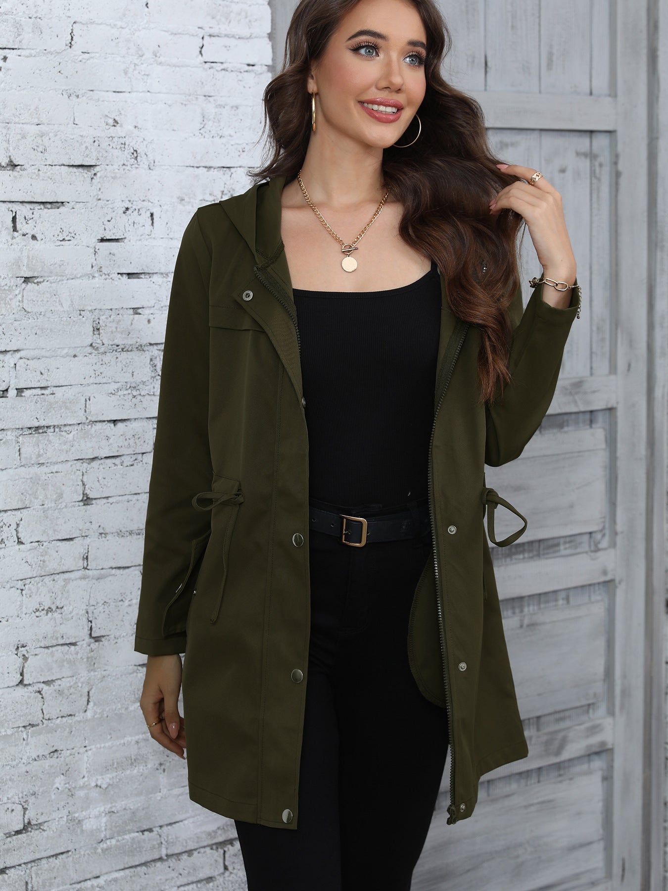 Women Clothing Spring Autumn Anorak Mid Length Waist Trimming Coat - ALTARIA