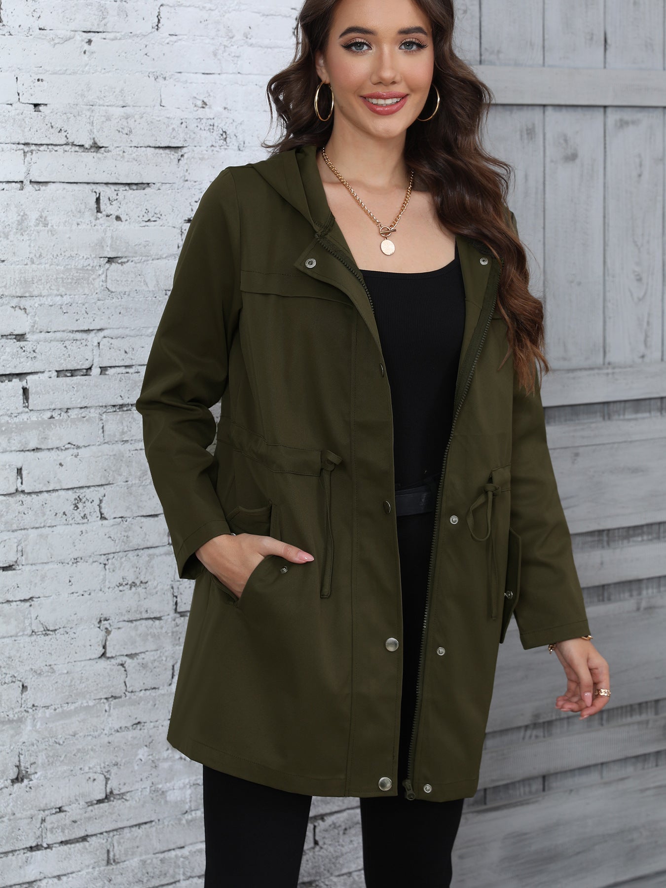 Women Clothing Spring Autumn Anorak Mid Length Waist Trimming Coat - ALTARIA