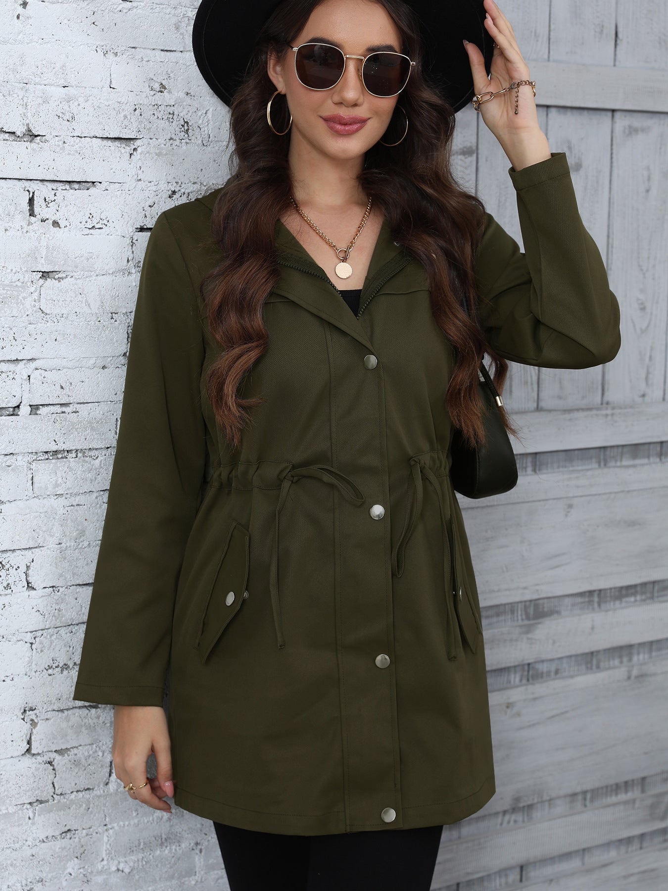 Women Clothing Spring Autumn Anorak Mid Length Waist Trimming Coat - ALTARIA