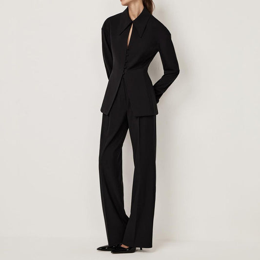 Black Sets Women Collared Long Sleeve Slim Jacket Casual Pants Office Two Piece Sets - ALTARIA