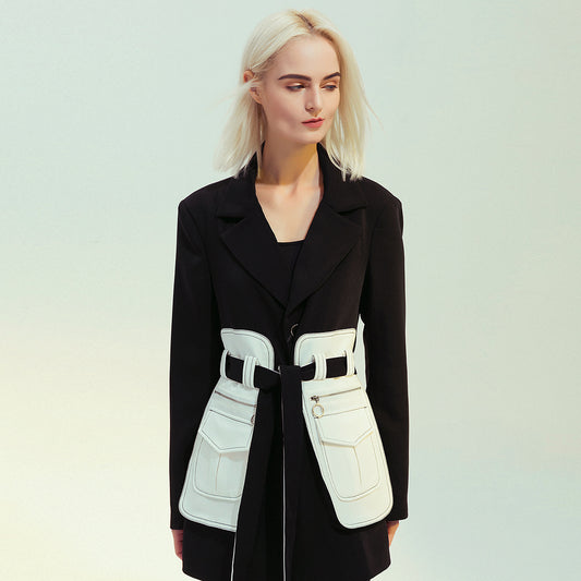 Black White Glue Pieces Retro Nostalgic Black White Contrast Color Tight Waist Mid-Length Small Blazers - ALTARIA