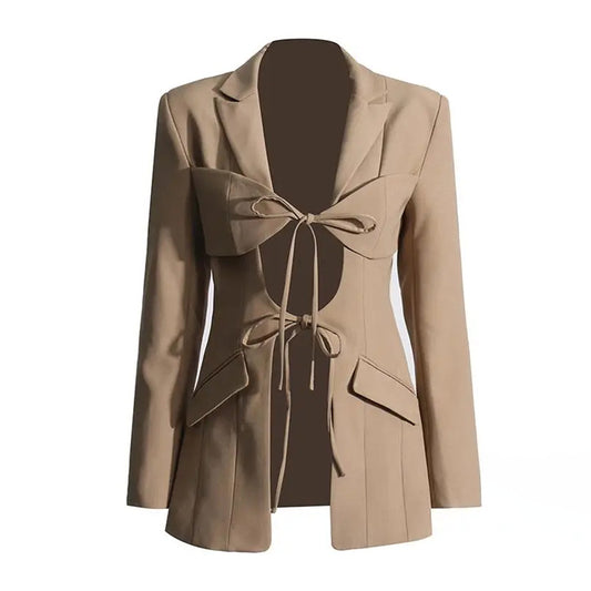 Spring Sexy V Neck Lace-up Hollow Out Cutout Waist Irregular Asymmetric Stitching Design Blazer for Women - ALTARIA