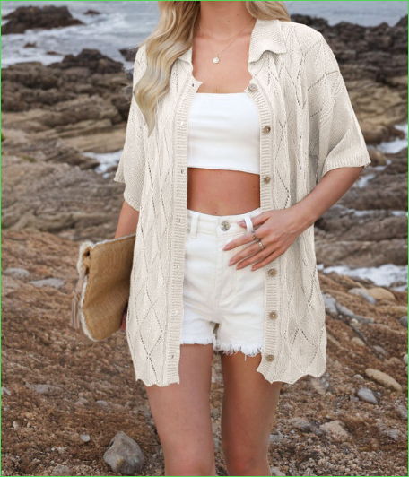 Spring Summer Women Clothing Collared Loose Casual Cardigan Short Sleeve Knitwear - ALTARIA