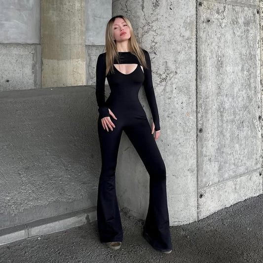 Spring Women Solid Color Long Sleeve Tight Braces Hip Lifting Jumpsuit Two Piece Set - ALTARIA