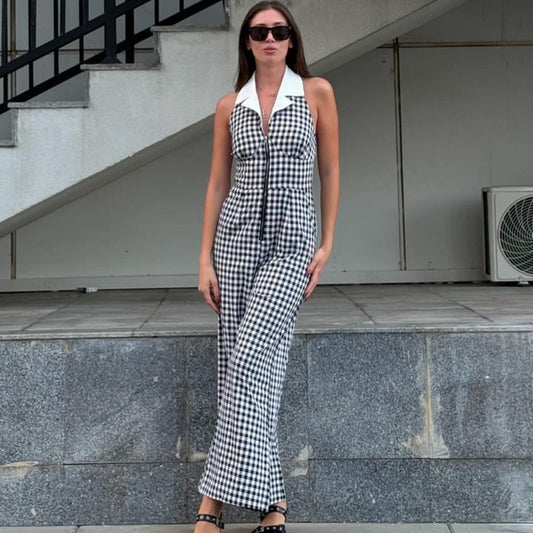 Sexy Backless Hollow Out Cutout out Loose Waist Blouse Collar Zipper Plaid Jumpsuit Wide Leg Pants - ALTARIA