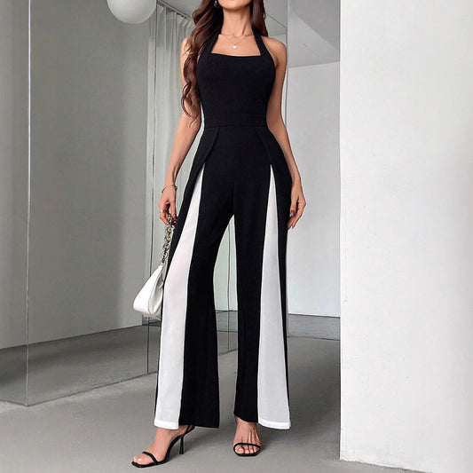 Women Backless Waist Trimming Jumpsuit Black White Color Matching Straight Halter Jumpsuit - ALTARIA