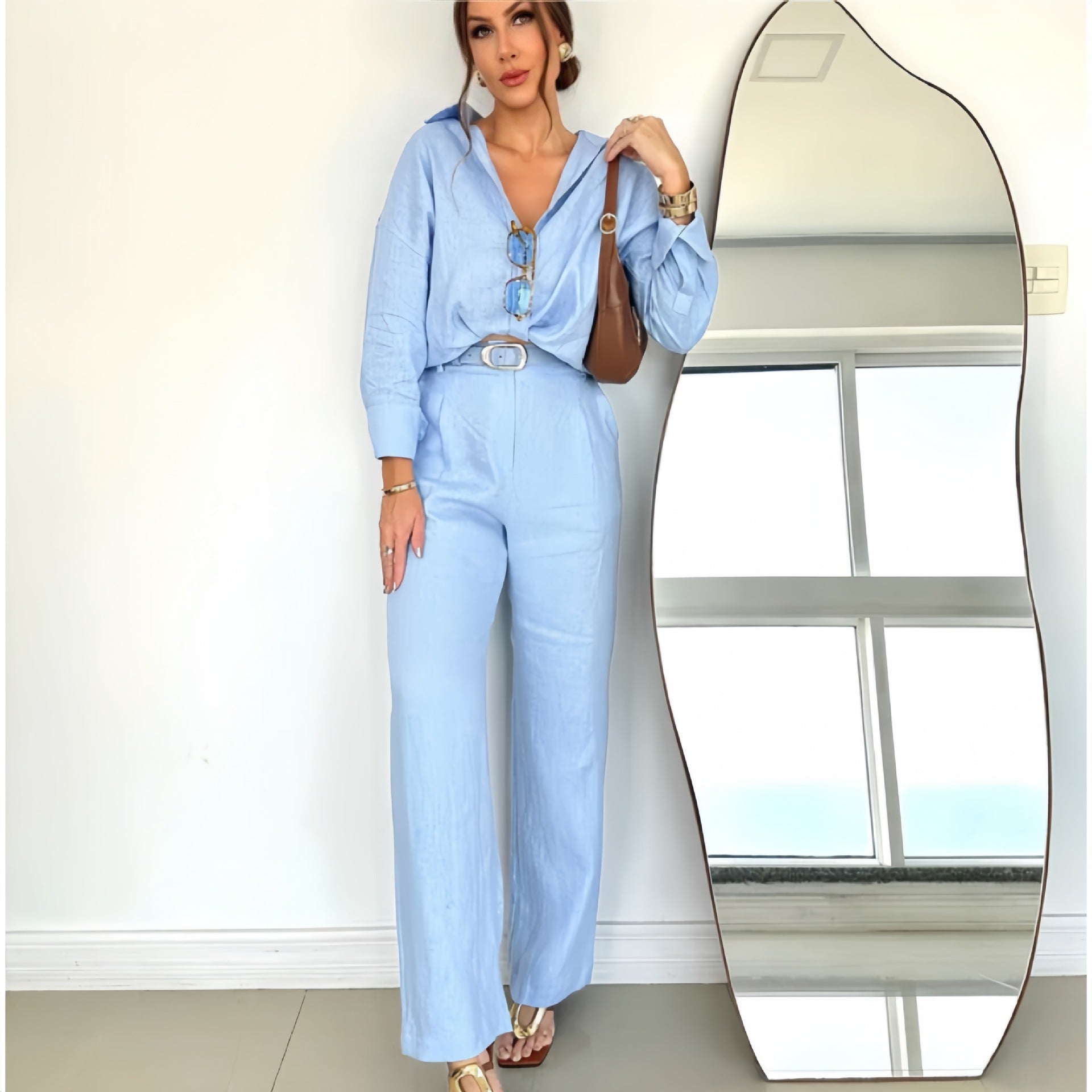 Women Clothing Cotton Linen Solid Color Loose Long Sleeves Shirt Casual Work Pant Two Piece Sets - ALTARIA