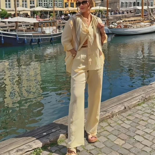 Women Clothing Cotton Linen Solid Color Loose Long Sleeves Shirt Casual Work Pant Two Piece Sets - ALTARIA