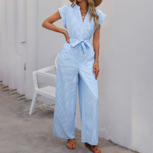 Casual Jumpsuit Sleeveless V neck Blue White Vertical Striped Jumpsuit - ALTARIA