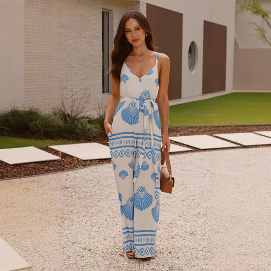 Summer Positioning Printed V neck Lace up Wide Leg Straight Sling Jumpsuit - ALTARIA