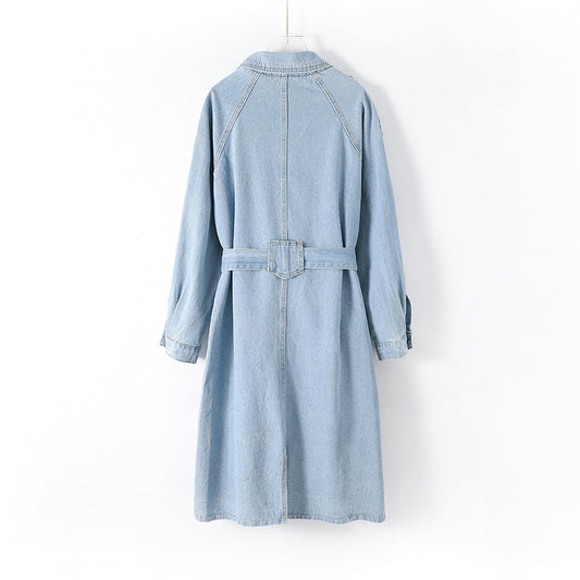 Women Clothing Belt Long Denim Trench Coat - ALTARIA