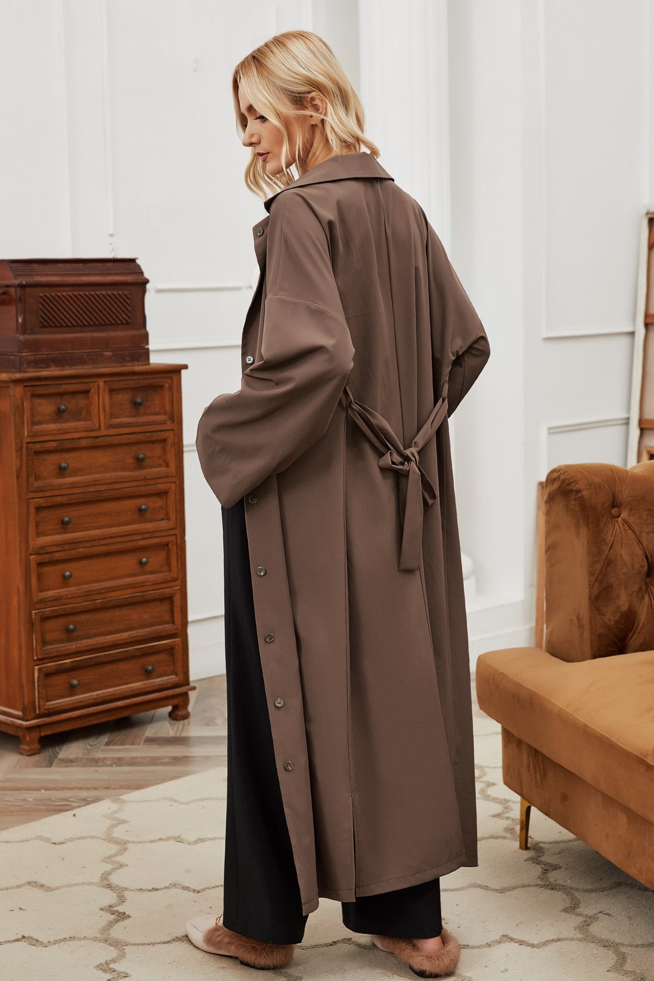 Autumn Winter Women Belt Single-Breasted Collared Large Swing Overknee Long Solid Color Coat - ALTARIA