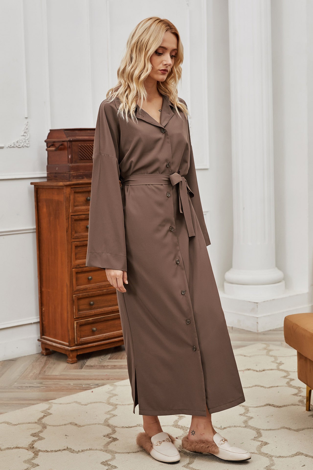 Autumn Winter Women Belt Single-Breasted Collared Large Swing Overknee Long Solid Color Coat - ALTARIA