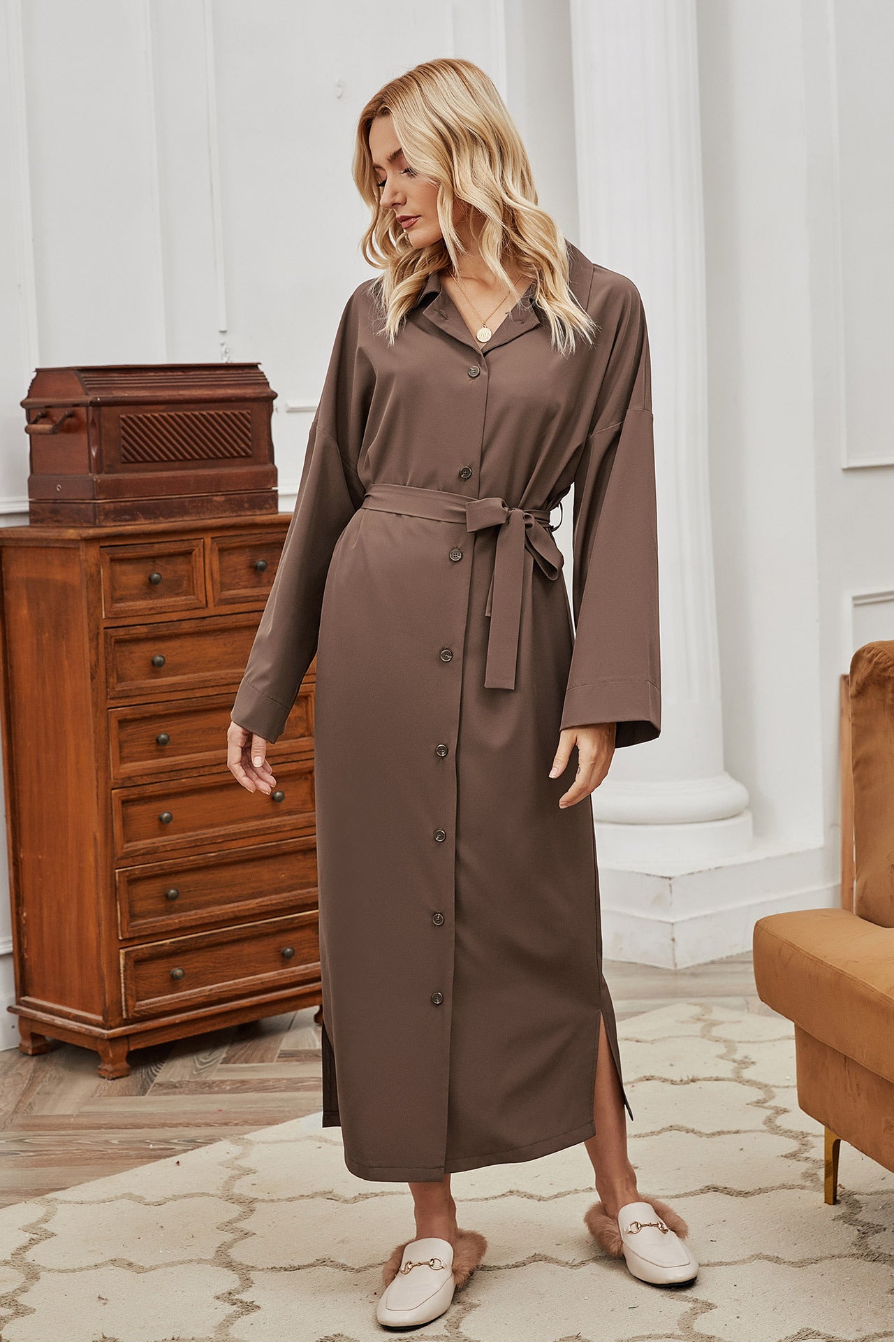 Autumn Winter Women Belt Single-Breasted Collared Large Swing Overknee Long Solid Color Coat - ALTARIA
