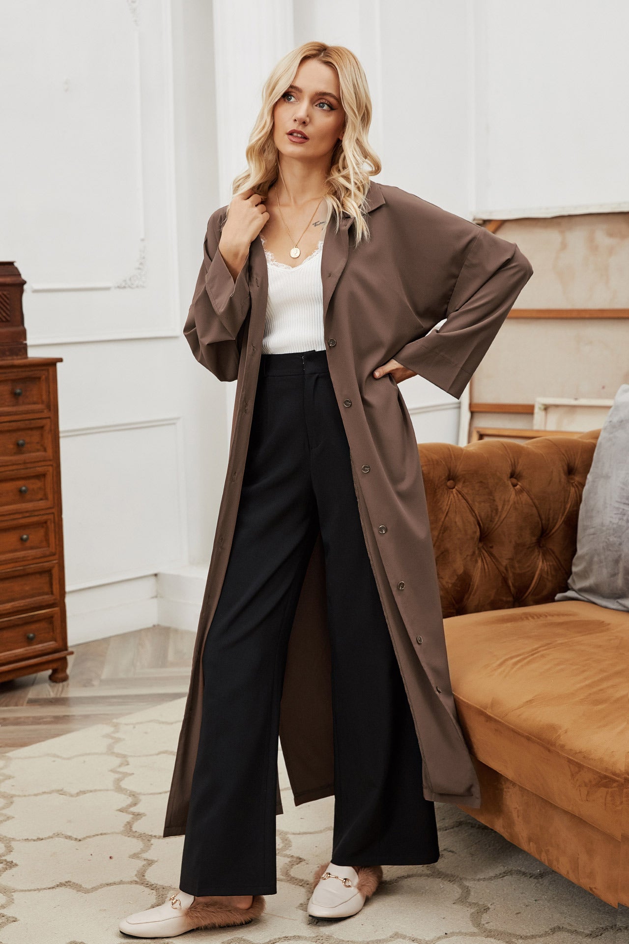 Autumn Winter Women Belt Single-Breasted Collared Large Swing Overknee Long Solid Color Coat - ALTARIA