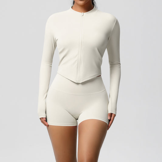Brushed Nude Feel Slim Shorts Yoga Long Sleeve Zipper Breathable Fitness Running Training Set - ALTARIA
