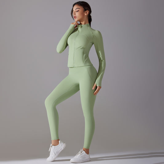 Celebrity Yoga Clothes Trendy Push up Long Sleeve Solid Color Slim Elastic Zipper Workout Clothes Running Training Sports Set - ALTARIA