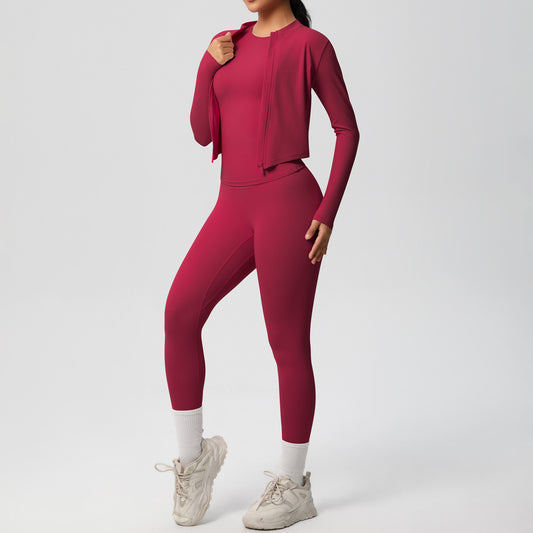 Quick Drying Skin-Friendly Tight Short Sleeve Yoga Suit Outdoor Running Thin Fitness Pants Sports Jacket Three Piece Set - ALTARIA