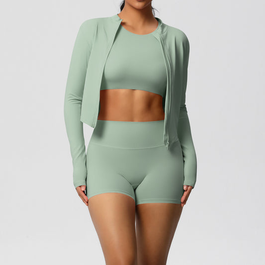Sports Casual Yoga Clothes Nude Feel Long Sleeve Zipper Jacket Sports Shorts Fitness Clothes Three Piece Set for Women - ALTARIA